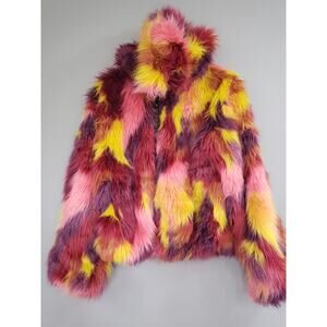 J Valentine Faux Fur Hooded Crop Jacket Hoodie Rave Festival Size Medium / Large